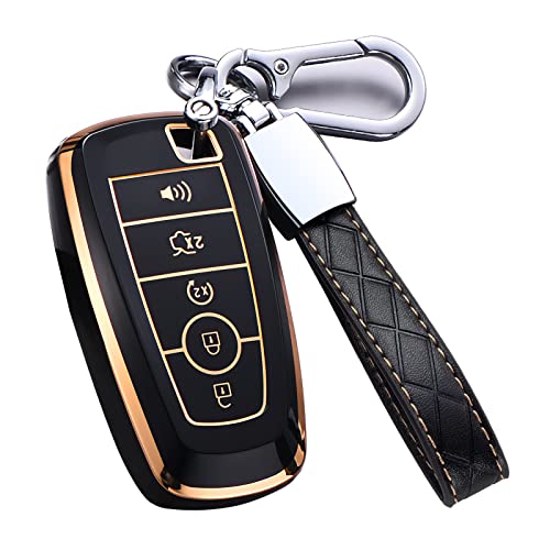Cacacar for Ford Key Fob Cover with keychain, for Explorer Bronco Escape Edge Expedition Mustang F150 Fusion Ranger Lincoln Premium Soft TPU Full Protection Key Case Remote Key Holder (Size B-Black) - Image 1