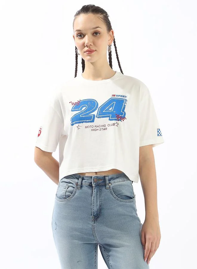 Women's Off White 100% Cotton Printed Boxy Fit T-Shirt