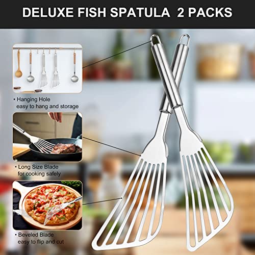 Cualork 2-Piece Premium Fish Spatula Set, Big Size Stainless Steel, Thickness Blade Turner for Cooking, Flipping, Frying and Grilling - Image 3