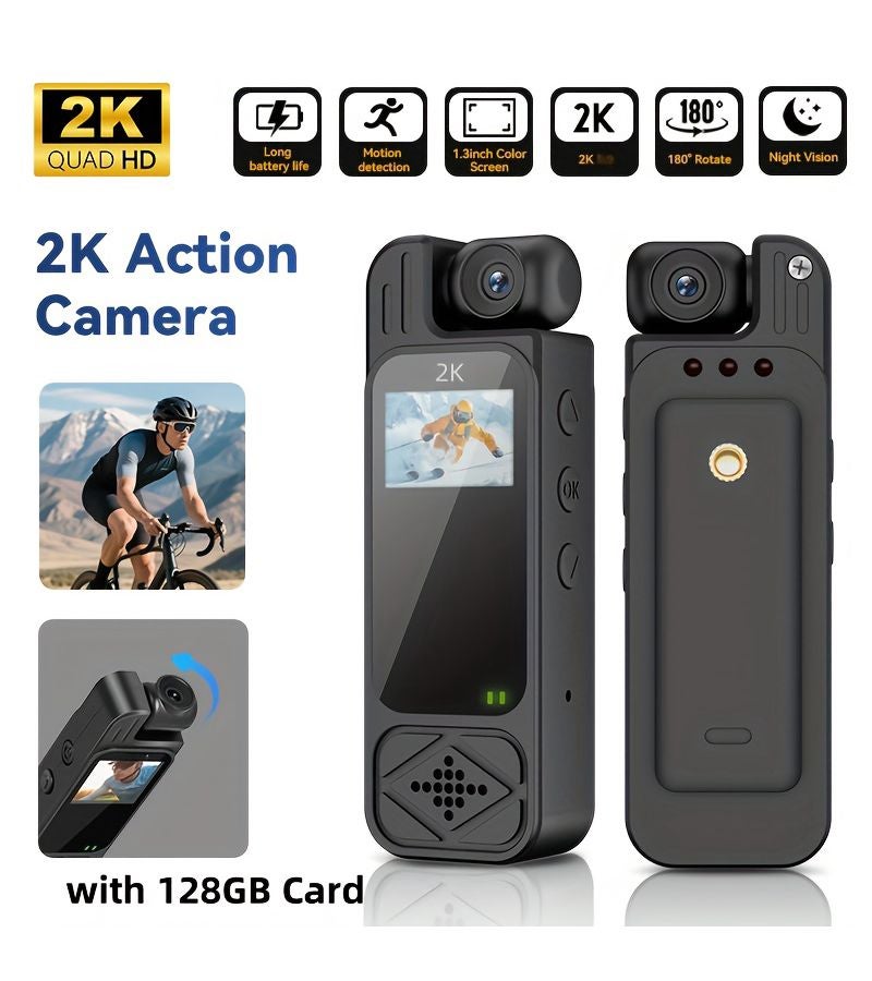 Body Camera Y9-with 128GB memory card Wearable Portable Infrared Night Vision Motion Detection 180-Degree Lens Adjustment Compact Camera for Sports Cycling Fishing Events - Image 1
