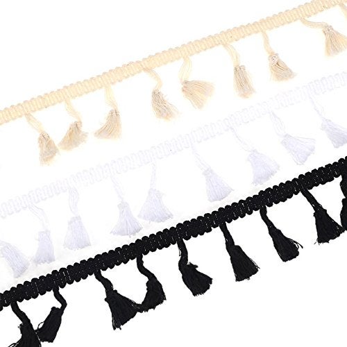 DyAi Tassel Fringe Trim, 21Yards White/Black/Beige Cotton Lace, Tassels Fringe Lace Trim Ribbon for Women Dress, Cloth, Bags, Curtain, Home Decor and Other DIY Craft Supply - Image 1