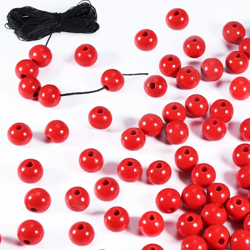 16mm YIPLED 200pcs Christmas Wooden Beads for Crafts with 10m Hemp Rope Round Red Wooden Loose Beads for Jewelry DIY Making Garland Making and Home Decorations