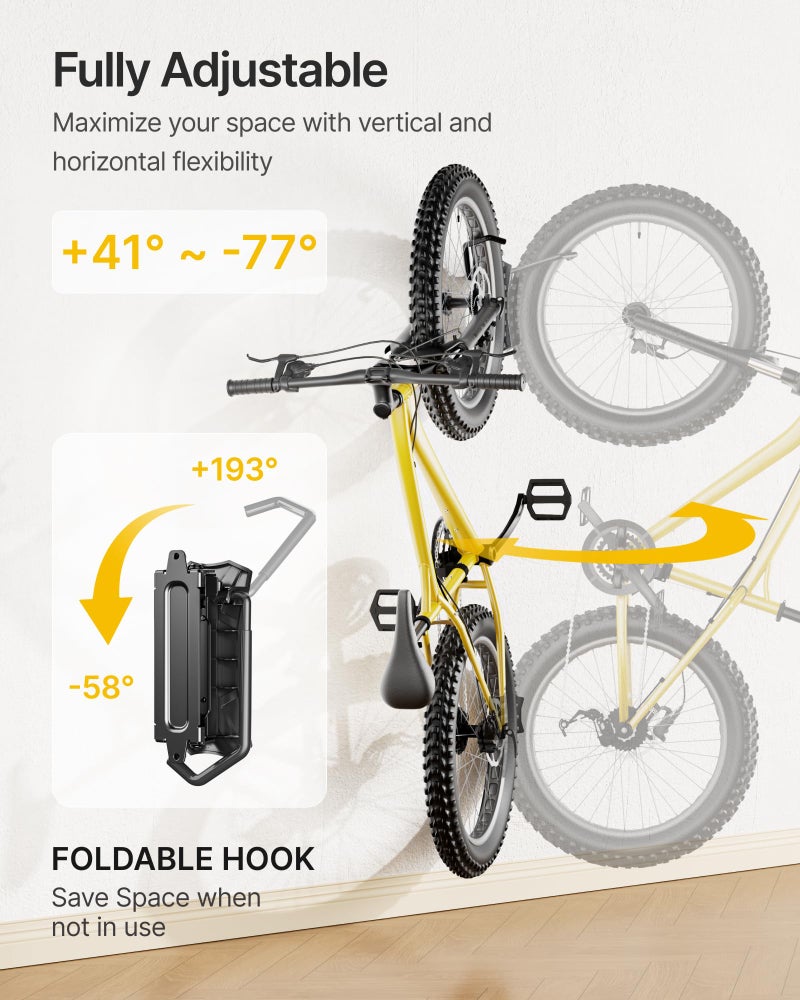 monTEK Bike Wall Mount for 4.5" Tire Width, Swivel Bike Wall Hanger Holds Up to 77lbs, Space-Saving Bike Rack Garage, Heavy Duty Bike Storage for Bedroom Home Office, 2 Pack - Image 3