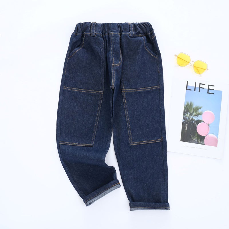 Children'S New Contrast Color Line Design Casual Versatile Sports Loose Denim Trousers - Image 1
