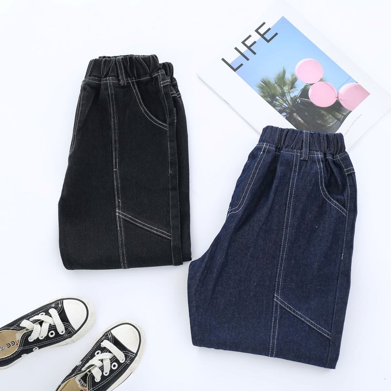 Children'S New Contrast Color Line Design Casual Versatile Sports Loose Denim Trousers - Image 4