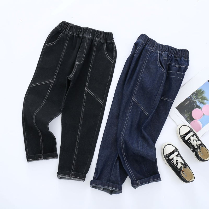 Children'S New Contrast Color Line Design Casual Versatile Sports Loose Denim Trousers - Image 3