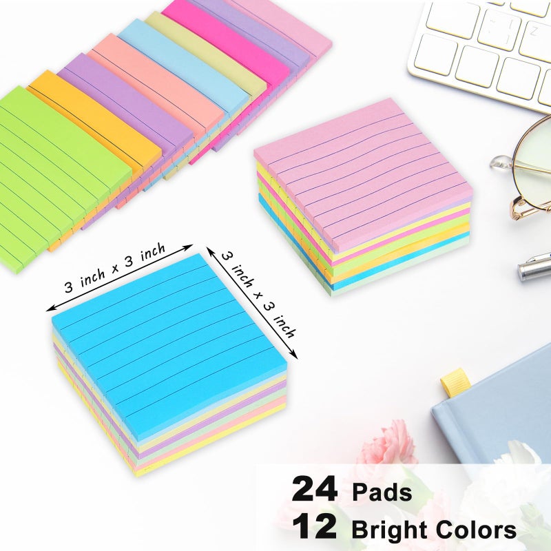HCTBN (24 Pack) Lined Sticky Notes 3x3 in Ruled Stickies Super Sticking Power Memo Pads,12 Bright Multi Colors Sticky Notes with Lines Self-Stick Note Pads - Image 2