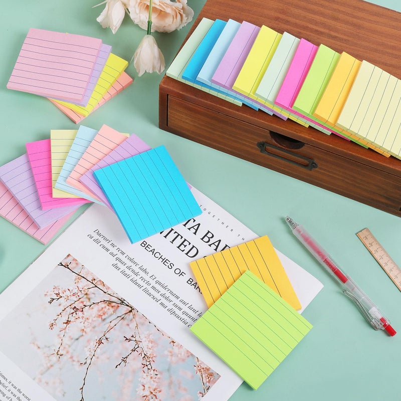 HCTBN (24 Pack) Lined Sticky Notes 3x3 in Ruled Stickies Super Sticking Power Memo Pads,12 Bright Multi Colors Sticky Notes with Lines Self-Stick Note Pads - Image 3
