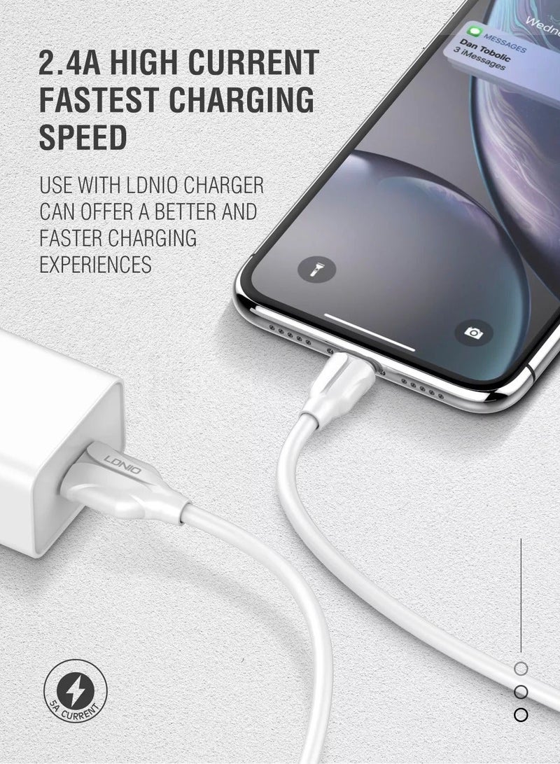 LDNIO كابل شحن سريع 2.4 أمبير من النوع C، كابل شاحن USB من النوع C مضفر متوافق مع Huawei P30 P20 وSamsung S21 S20 Note 20، 2 متر أبيض - Image 4