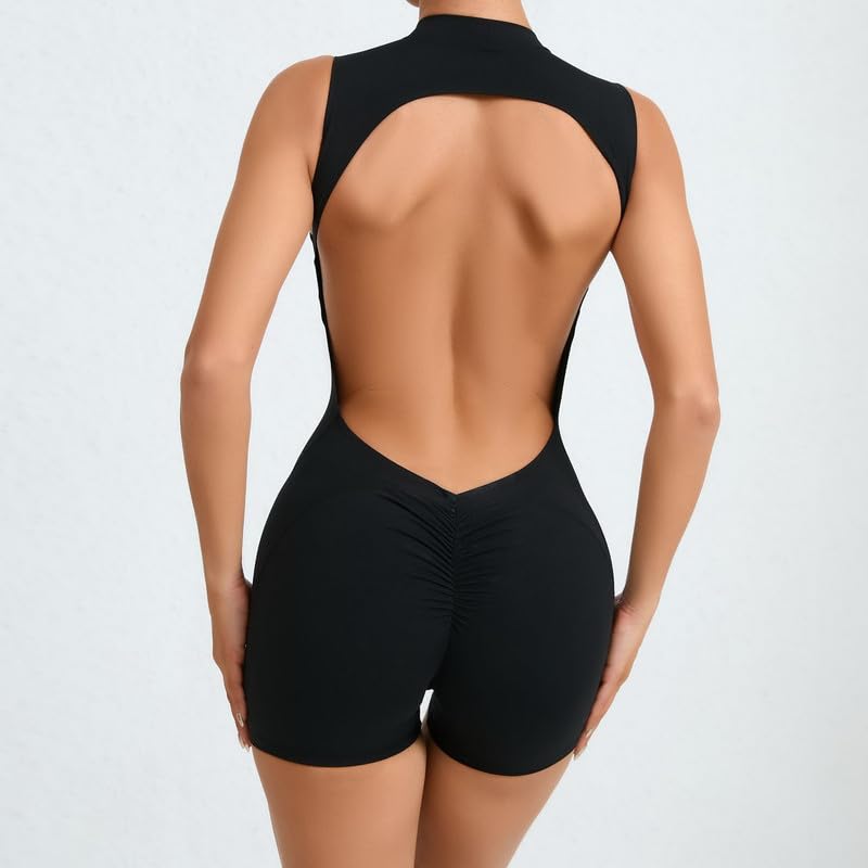 Litthing Women Short Jumpsuit Backless Scrunch Butt Workout Rompers V Back Yoga One Piece Unitards Sleeveless Gym Bodycon - Image 5