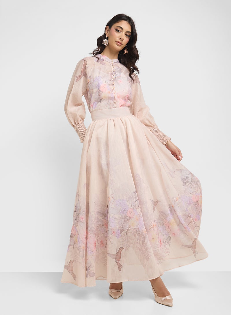 خزانة طقم بلوزة وتنورة بطبعة زهور - Image 1