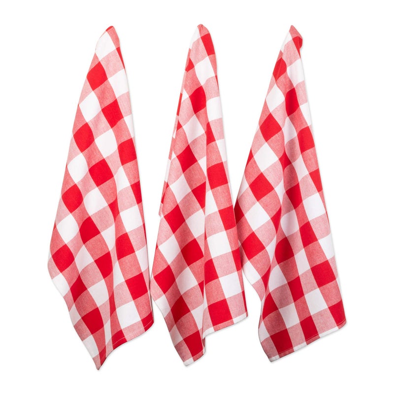 DII Buffalo Check Kitchen Collection Classic Farmhouse Dishtowel Set 20x30 Red  White 3 Piece