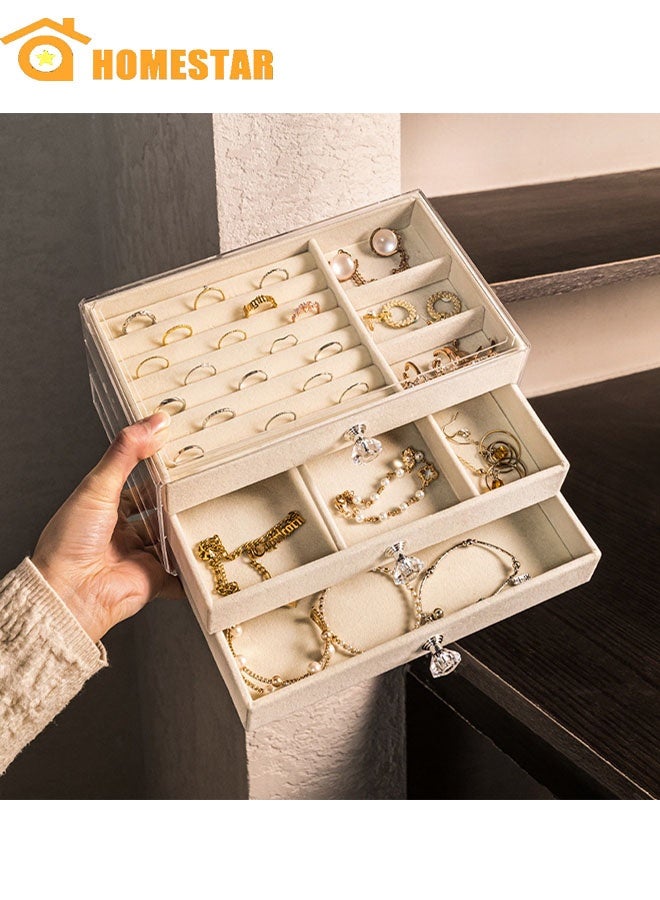 HOMESTAR Acrylic Jewelry Organizer Box with 3 Drawers, Clear Jewelry Boxes for Women Earring, Rings, Bangle Bracelet and Necklace Holder, Beige - Image 1