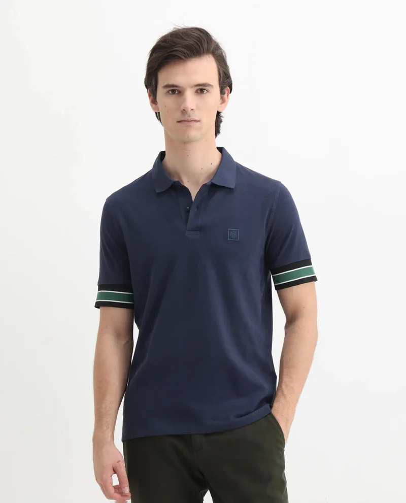 Rare Rabbit Men's Contrasting Sleeve Logo Badge Solid Cotton Polo