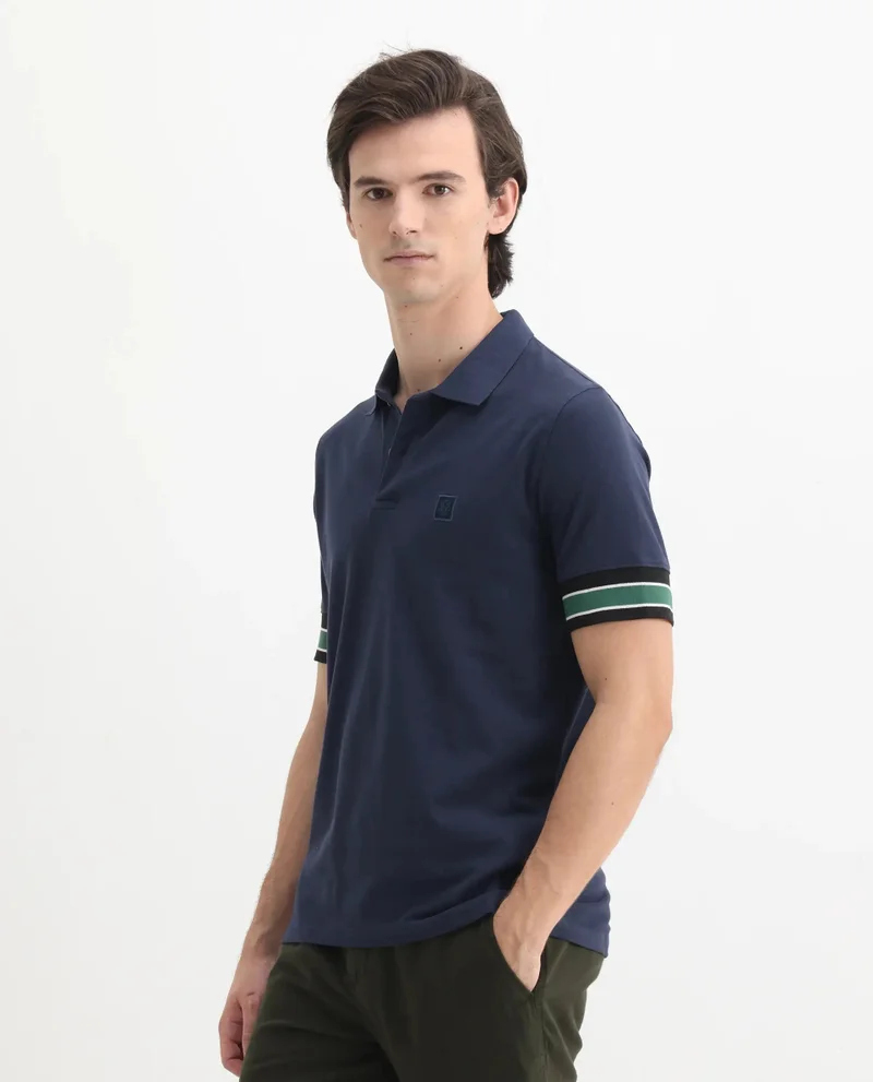 Rare Rabbit Men's Contrasting Sleeve Logo Badge Solid Cotton Polo