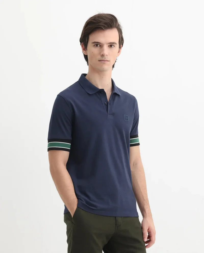 Rare Rabbit Men's Contrasting Sleeve Logo Badge Solid Cotton Polo
