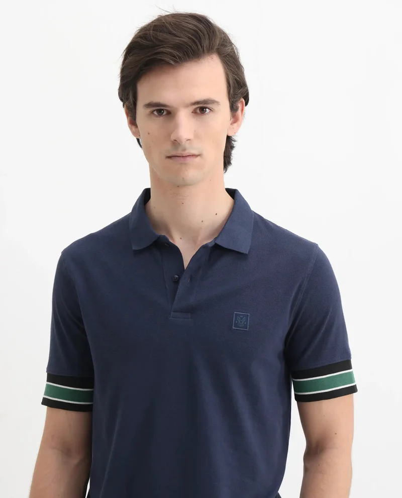 Rare Rabbit Men's Contrasting Sleeve Logo Badge Solid Cotton Polo