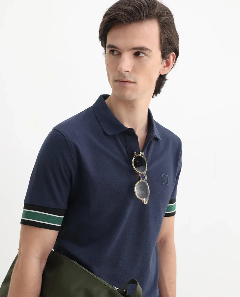 Rare Rabbit Men's Contrasting Sleeve Logo Badge Solid Cotton Polo