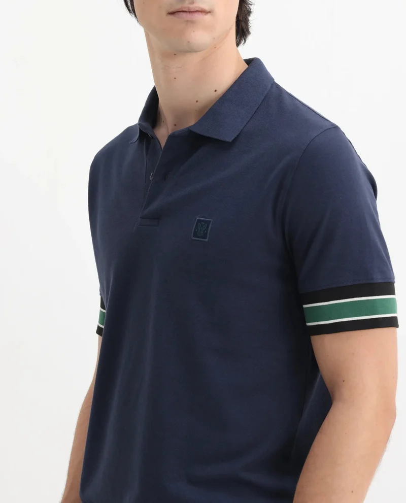 Rare Rabbit Men's Contrasting Sleeve Logo Badge Solid Cotton Polo