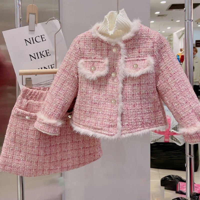 2023 Winter Girls Tweed Cotton Jacket Skirt Set Pink