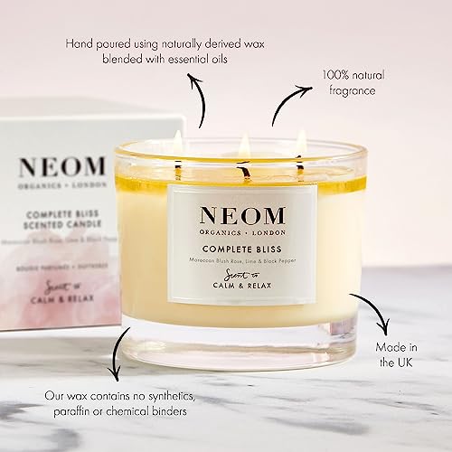NEOM شمعة NEOM - سعادة كاملة معطرة، 3 فتيل | وردة بلش، ليمون وفلفل أسود | شمعة عطرية بزيوت أساسية | رائحة لتخفيف التوتر - Image 2
