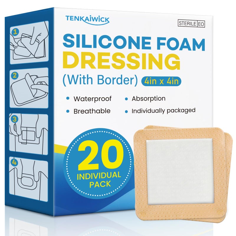 TENKAIWICK 20 Pack Silicone Foam Dressing 4"x4" with Adhesive Border, High Absorbency Silicone Bandages, Waterproof Foam Bandages for Wounds Care, Bed Sore, Diabetic Foot Ulcers - Image 1