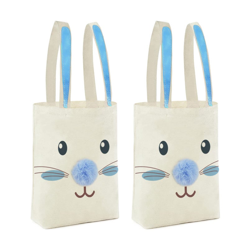 ATFUNSHOP 2 Pcs Easter Canvas Tote Bags for Kids, Reusable Large Easter Bunny Bags, Blue - Image 1