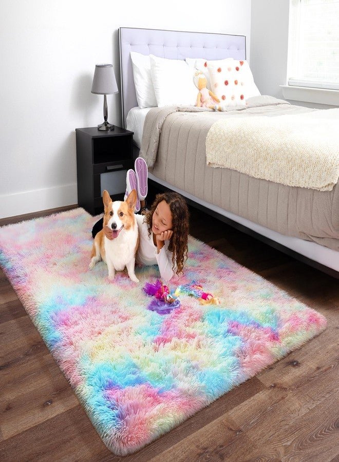 Ophanie Rainbow Rug for Bedroom Girls, Unicorn Colorful Fluffy Soft Cute Fuzzy Area Rugs, Shag Plush Shaggy Bedside Floor 4x6 Furry Carpet for Kids Baby Teen Dorm Nursery Home Decor Aesthetic - Image 3