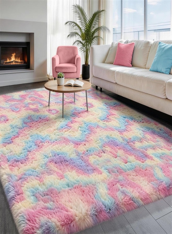 Ophanie Rainbow Rug for Bedroom Girls, Unicorn Colorful Fluffy Soft Cute Fuzzy Area Rugs, Shag Plush Shaggy Bedside Floor 4x6 Furry Carpet for Kids Baby Teen Dorm Nursery Home Decor Aesthetic - Image 1