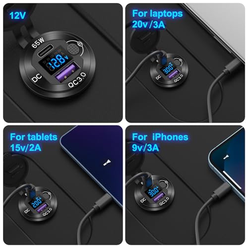 Hapytrip 12V USB Outlet Aluminum Car Charger PD65W Port for Laptops, Quick Charge 3.0 USB Port for Car, Built-in Boost 15V 20V Output Socket Waterproof with Voltmeter and Switch for RV Marine Boat, etc - Image 4