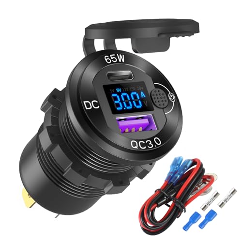 Hapytrip 12V USB Outlet Aluminum Car Charger PD65W Port for Laptops, Quick Charge 3.0 USB Port for Car, Built-in Boost 15V 20V Output Socket Waterproof with Voltmeter and Switch for RV Marine Boat, etc - Image 1