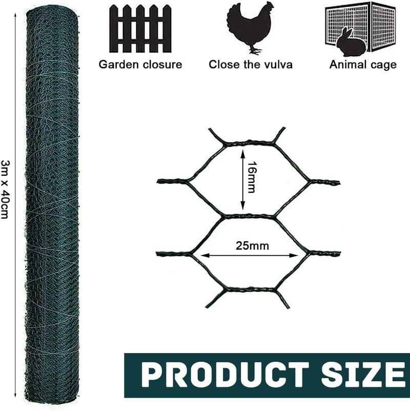 YSYONM Garden Poultry Green Chicken Wire PVC Coated Hexagonal Wire Mesh Roll Animal Fence 3m x 400mm Garden Netting Fencing for Pet Rabbit Chicken with Gloves & 50Pcs Cable Ties - Image 2