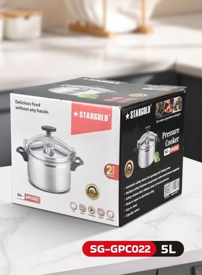 Stargold Aluminum Pressure Cooker Unique Pressure Indicator Durable Aluminum Alloy Fast And Energy Efficient Pressure Cooker With Firm Handles 5Liters Silver - Image 2