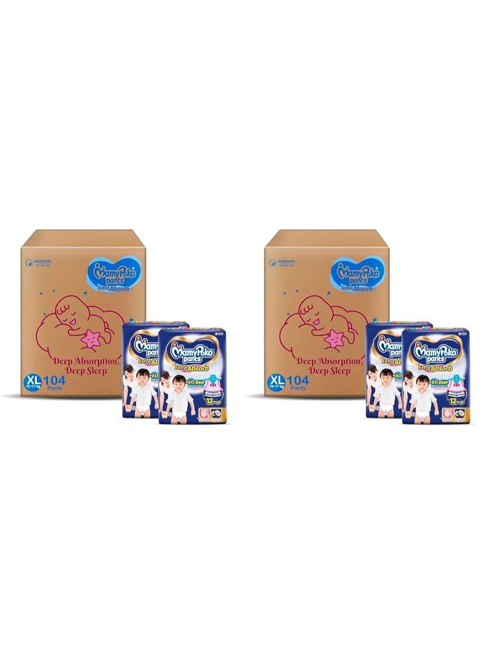 MamyPoko Pants Extra Absorb Baby Diapers, X-Large (XL), 104 Count, 12-17 kg (Pack of 2)
