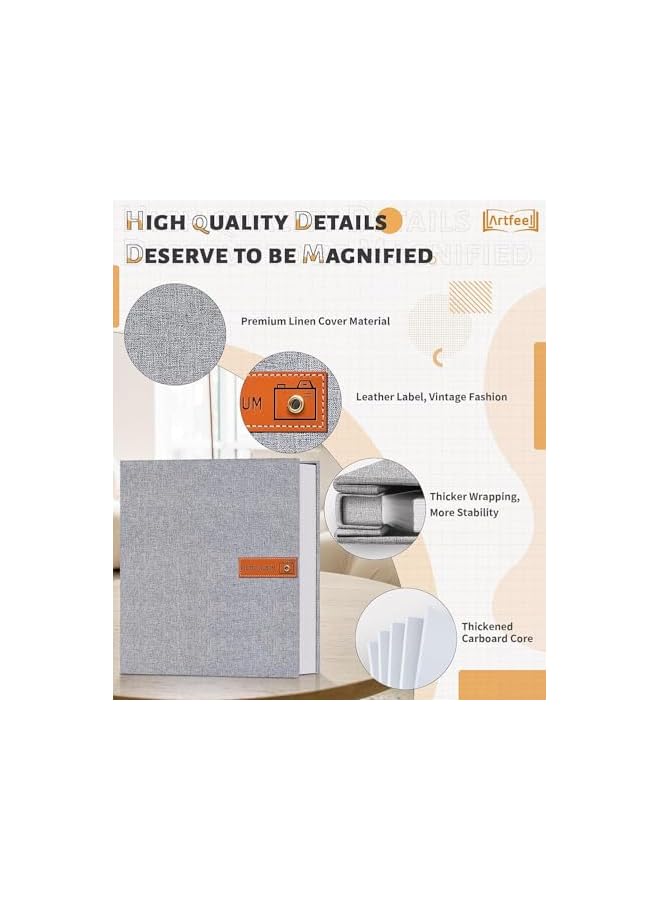 The Bros ألبوم صور كبير الحجم ذاتي اللصق 4x6 5x7 8x10 ألبوم قصاصات الصور، 40 صفحة غلاف كتان كتاب ذكريات الزفاف والعائلة والطفل، مع قلم معدني ولوحة ملاحظات (رمادي) - Image 3