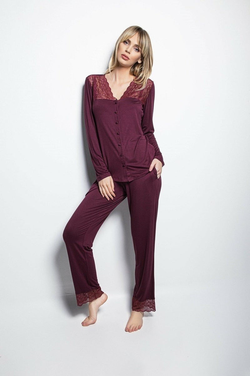 Monamise 19230 Women's Long-Sleeved Pajamas Set-Burgundy 