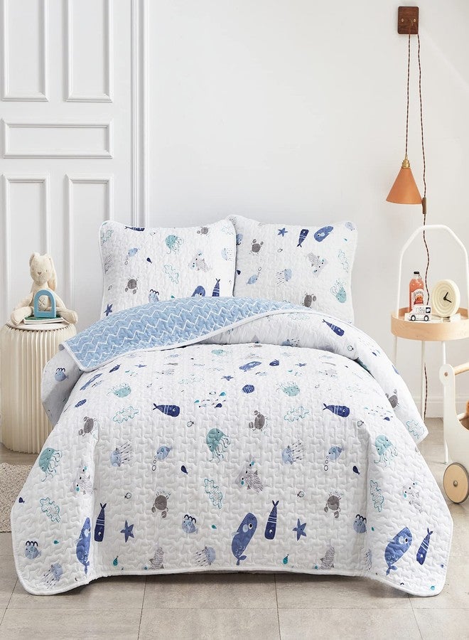 Joyreap 2-Piece Cotton Quilt Set Twin, Vibrant Ocean Theme Starfish Whale Crab Printed on White, Smooth Soft Quilt Bedspread Bed Cover for All Season, 1 Quilt and 1 Pillow Sham- 68x86 inches - Image 1