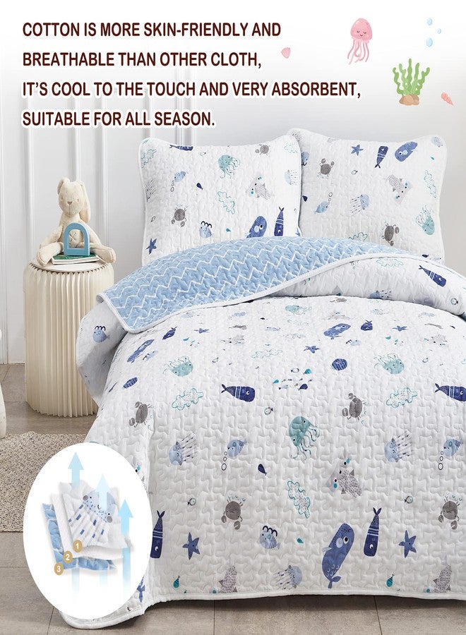 Joyreap 2-Piece Cotton Quilt Set Twin, Vibrant Ocean Theme Starfish Whale Crab Printed on White, Smooth Soft Quilt Bedspread Bed Cover for All Season, 1 Quilt and 1 Pillow Sham- 68x86 inches - Image 3