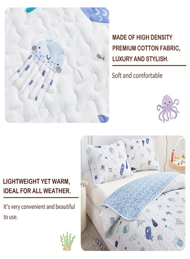 Joyreap 2-Piece Cotton Quilt Set Twin, Vibrant Ocean Theme Starfish Whale Crab Printed on White, Smooth Soft Quilt Bedspread Bed Cover for All Season, 1 Quilt and 1 Pillow Sham- 68x86 inches - Image 4