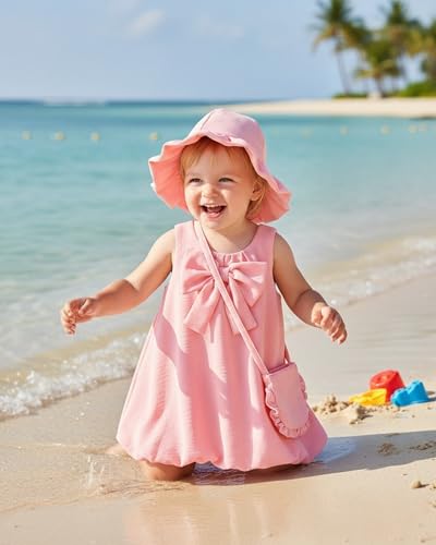 SODLON Baby Girl Dress 12 18 Months Summer Clothes Infant Vintage Pink Bow Bubble Dresses Linen 3-Piece Sleeveless Sundress with Hat & Bag Cute Spring Outfits for Family Photo Picnic - Image 4