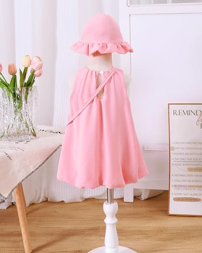 SODLON Baby Girl Dress 12 18 Months Summer Clothes Infant Vintage Pink Bow Bubble Dresses Linen 3-Piece Sleeveless Sundress with Hat & Bag Cute Spring Outfits for Family Photo Picnic - Image 5
