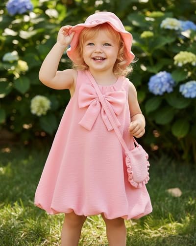 SODLON Baby Girl Dress 12 18 Months Summer Clothes Infant Vintage Pink Bow Bubble Dresses Linen 3-Piece Sleeveless Sundress with Hat & Bag Cute Spring Outfits for Family Photo Picnic - Image 2