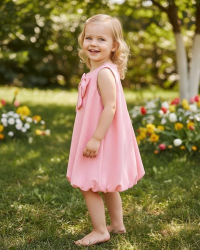 SODLON Baby Girl Dress 12 18 Months Summer Clothes Infant Vintage Pink Bow Bubble Dresses Linen 3-Piece Sleeveless Sundress with Hat & Bag Cute Spring Outfits for Family Photo Picnic - Image 3
