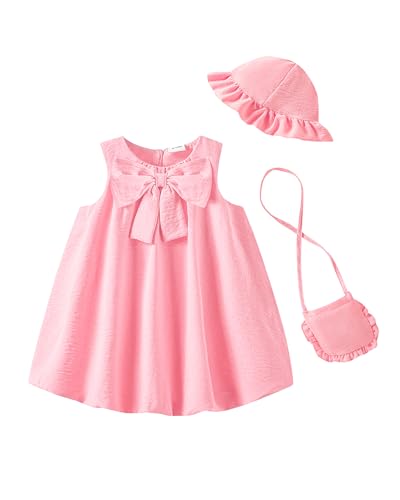SODLON Baby Girl Dress 12 18 Months Summer Clothes Infant Vintage Pink Bow Bubble Dresses Linen 3-Piece Sleeveless Sundress with Hat & Bag Cute Spring Outfits for Family Photo Picnic - Image 1