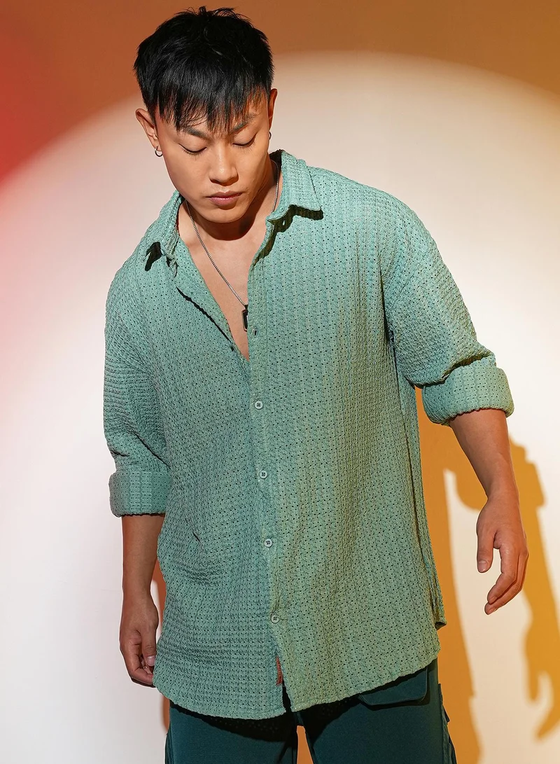 Campus Sutra Men's Sea Green Hollow Knit Oversized Shirt