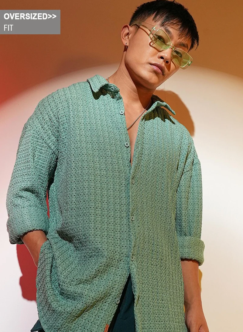 Campus Sutra Men's Sea Green Hollow Knit Oversized Shirt