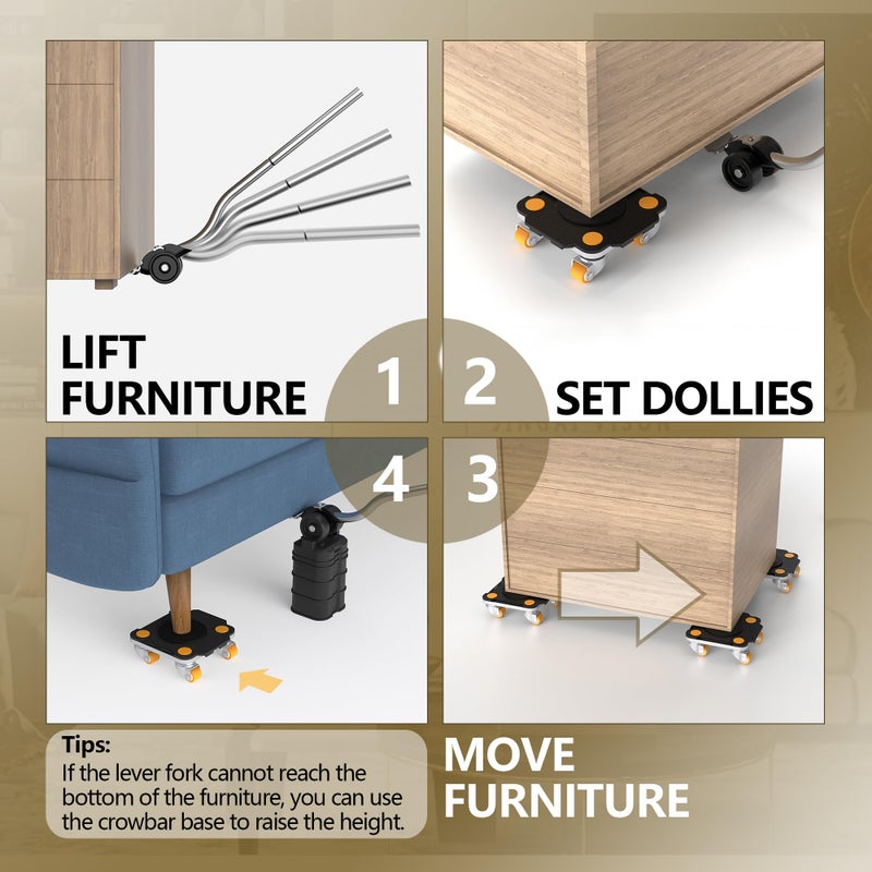 ONEON Furniture Mover Pro Set - Enhanced Dolly and Lifter with Custom TPE Wheels for Easy Furniture Lifting and Moving - Professional Tool for Effortless Furniture Transport (Black 4Dollies + 1Lifter) - Image 5