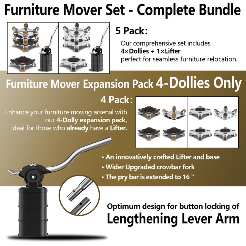 ONEON Furniture Mover Pro Set - Enhanced Dolly and Lifter with Custom TPE Wheels for Easy Furniture Lifting and Moving - Professional Tool for Effortless Furniture Transport (Black 4Dollies + 1Lifter) - Image 2