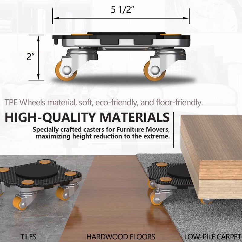 ONEON Furniture Mover Pro Set - Enhanced Dolly and Lifter with Custom TPE Wheels for Easy Furniture Lifting and Moving - Professional Tool for Effortless Furniture Transport (Black 4Dollies + 1Lifter) - Image 3