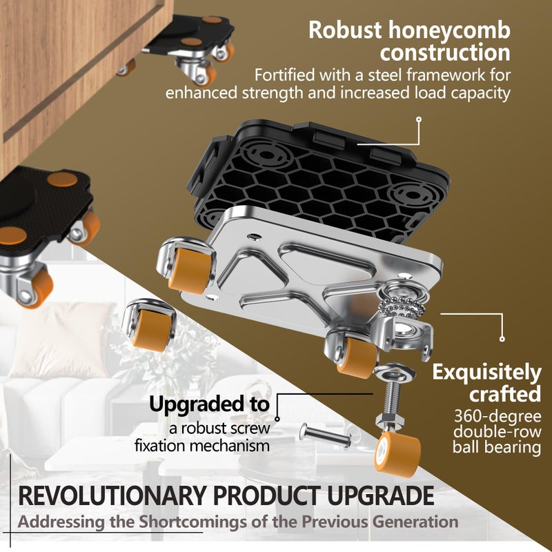 ONEON Furniture Mover Pro Set - Enhanced Dolly and Lifter with Custom TPE Wheels for Easy Furniture Lifting and Moving - Professional Tool for Effortless Furniture Transport (Black 4Dollies + 1Lifter) - Image 4